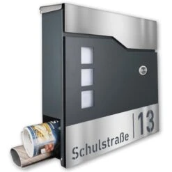 Briefkasten Mit FUNKKLINGEL ANTHRAZIT & Edelstahl Laser Namensblende