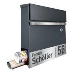 Briefkasten Mit FUNKKLINGEL ANTHRAZIT GRAU & Edelstahl Laser Namensblende
